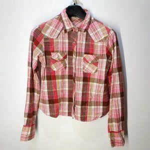 Pink Brown Plaid Pearl Snap Western Shirt Long Sleeve, Girl L